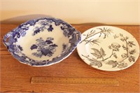 2pc Flow Blue Bowl & Antique Floral Plate