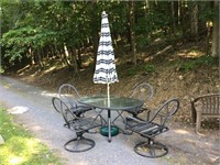 TABLE (GLASS TOP), UMBRELLA & HOLDER, 4 CHAIRS
