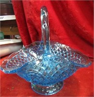 Blue glass basket, milk glass bowl candle sticks