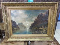 FRAMED ANTIQUE OIL ON CANVAS-MOUNTAIN LAKE-