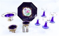 Cobalt Blue Plate, Silver-Plate Condiment Dishes