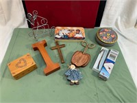 WOODEN BOX, TINS & MISC ITEMS