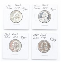 (4) 1961, 62, 63 & 64 PROOF Silver Quarters