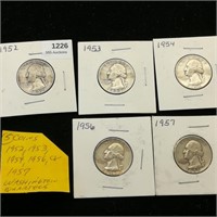 (5) 1950s Washington Quarters 25c ($1.25)