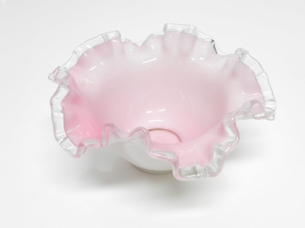 MILK GLASS & PINK RUFFLED RIM BOWL-FENTON STYLE