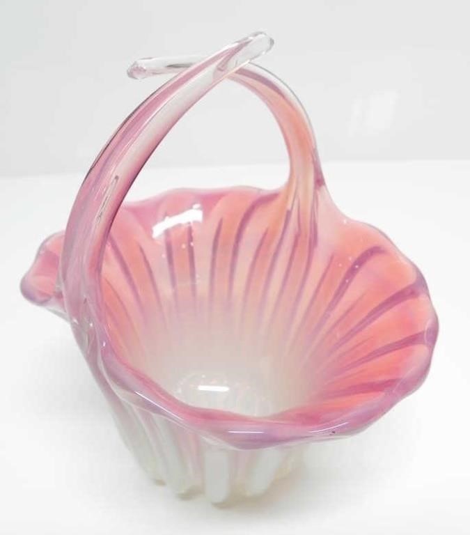 MURANO STYLE MID CENTURY PINK OPALESCENT BASKET