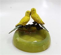 Cold painted bronze budgerigars on onyx bowl