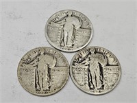 3 1929  Silver Standing Liberty Quarter Coins