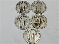 5 1930  Silver Standing Liberty Quarter Coins