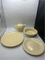 4-Fiesta Ware Pieces (Tea Kettle, Plates, & Bowl)
