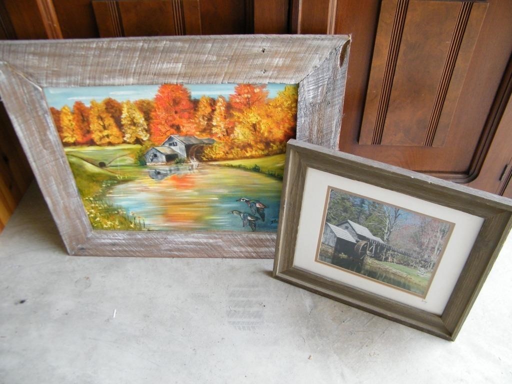 2 OLD MILL PICTURES WITH RUSTIC FRAMES, 1 PHOTO