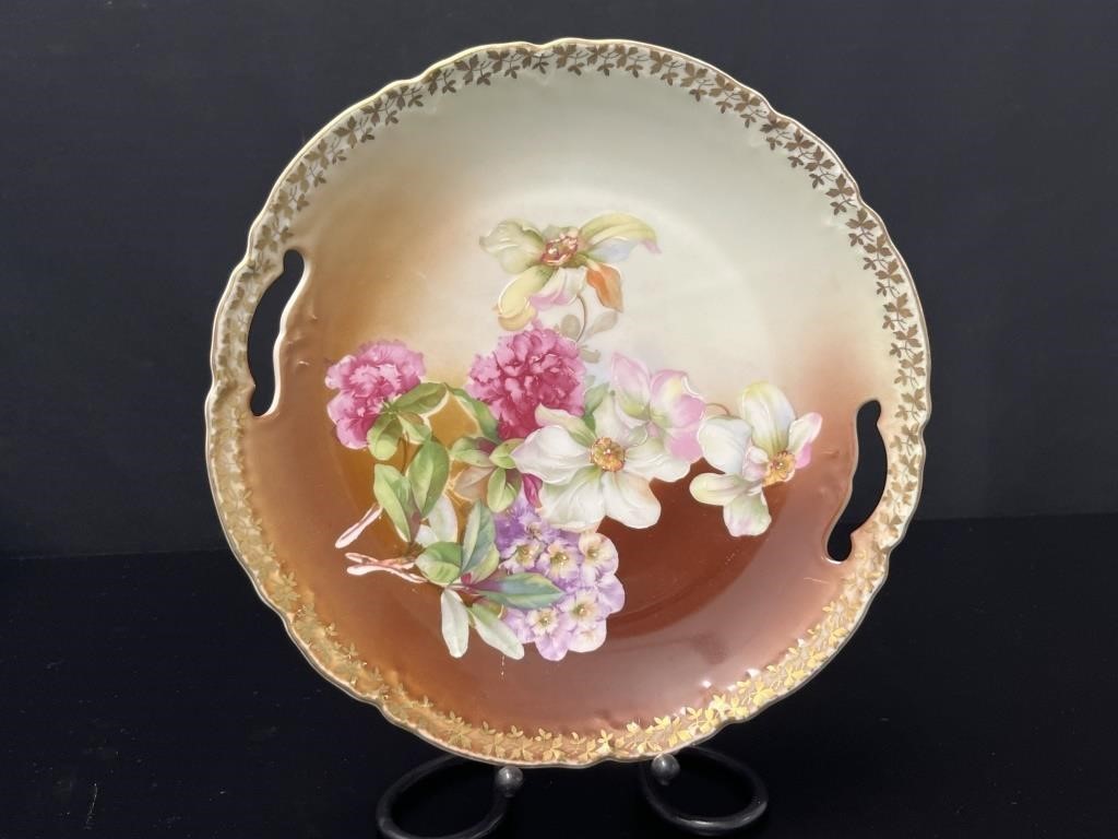 Antique Three Crown German Floral Plate w/Handles