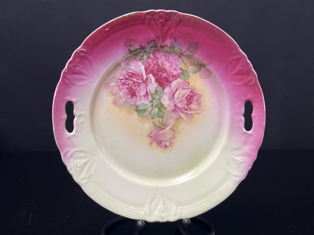 Antique Pink Floral Embossed Plate w/ Handles