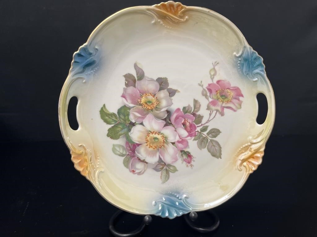 German Polychromatic Floral Plate w/Handles