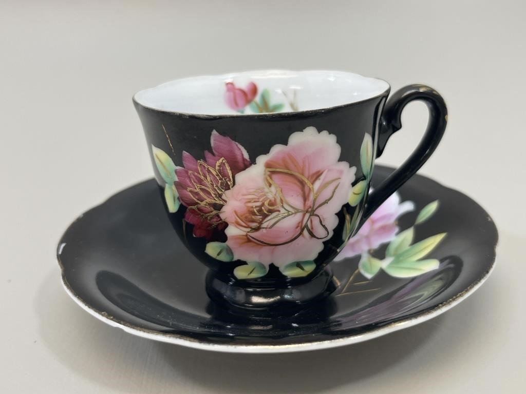 Ohashi Black Floral Teacup & Saucer Occ Japan)