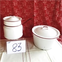 Red & White Enamel Double Boiler; Pot with Lid