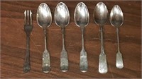 5 antique silver plated tea spoons and one pickle