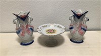 Small Pedestal Dish & (2) Swan Vases