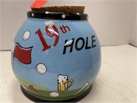 19th Hole Ceramic canister w/ cork lid. 5in high
