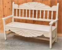 Ornate Country Style White Stained Wood Bench