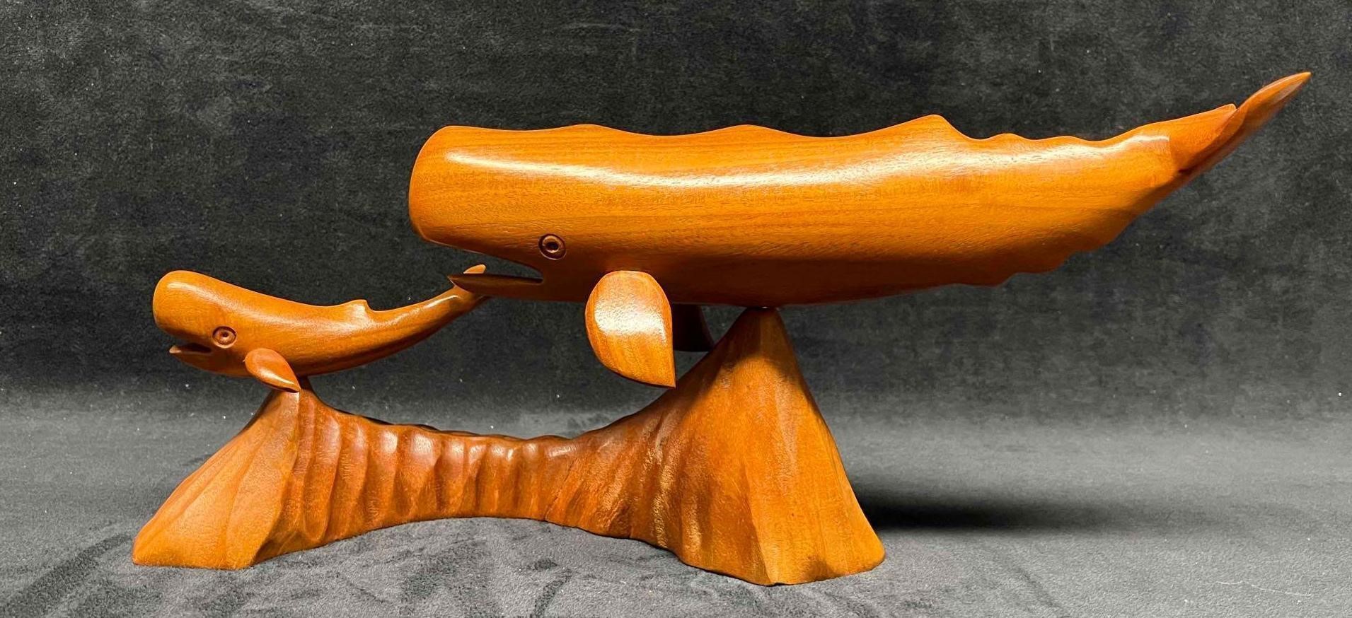 Wood Whale Sculpture Mother & Baby