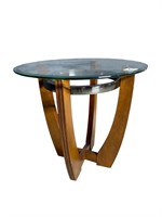 Modern round end table. Glass top w/ wood frame