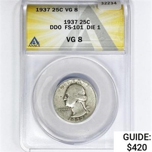 1937 Washington Silver Quarter ANACS VG8 DDO,