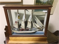 ANTIQUE WOODEN MODEL TALL SHIP IN CASE