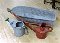 Primitive Galvanized Tub, and Watering Cans.