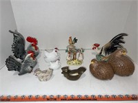 Assorted chicken decor, ceramic. Brass chicken