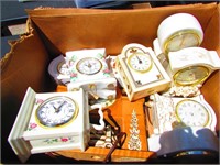 Box of Various Mantle, Desk, Table Top Vtg Clocks