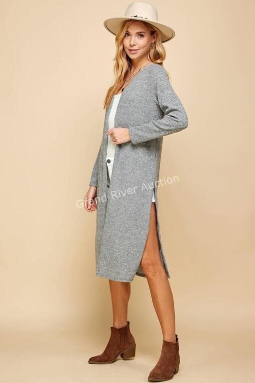 Emerald Heather Grey Ribbed Long Cardigan Large