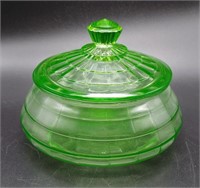 GREEN DEPRESSION GLASS CANDY JAR W/ LID BLOCK