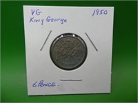 1950 British Six Pence Coin , King George V I
