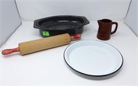 Enamelware Roaster, Pie Plate, Rolling Pin &