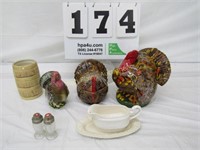 (3) Ceramic Turkey Bowls w/Lids, Gravy Bowl,
