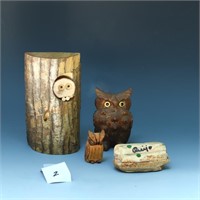 Three Mid Century Owl carvings and a petrified woo