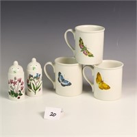 Three Portmerion mugs and salt & pepper shakers