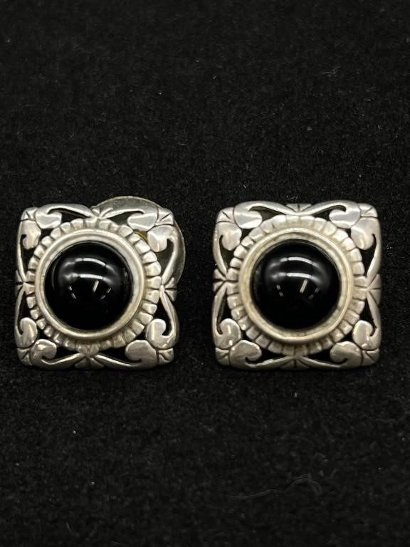 Vintage Silver and Onyx Pierced Earrings