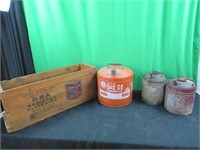 metal gas cans & wood box