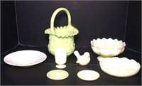 Custard Glass Basket, Bowl, Bird, Votive Holder &