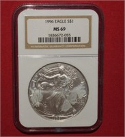 1996 Silver Eagle Dollar  MS69  NGC