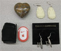 2 Pair Of Earrings, Heart Carved Rock & More