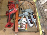 Lot misc tools, fish net, wall basket, SnapOn