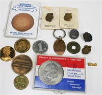 15 Pcs. Pins, Medallions, 1971 Ike Dollar