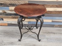 ROUND WOOD TOP WROUGHT IRON END TABLE