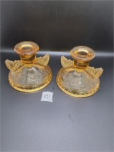 Set of 2 Candle Haolders Depression Glass Amber
