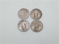 4 Silver Quarters Standing liberty & Barber Coins