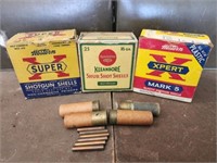 3 vintage shot gun shell boxes with misc ammo