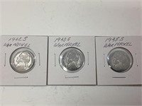 1942S, 1943S & 1945S US Silver War Nickels